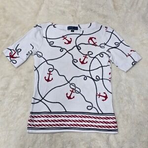 Karen Scott Womens Petite Small PP Nautical Anchor Rope Boat Neck Top White Red